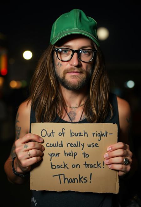 a vagabond, intoxicated, drunk. glasses john lennon style, long hairs, tattoo. green trucker cap. holding a cardboard with written "Out of buzz right now—could really use your help to get back on track. Thanks!" dark halley light only from the full moon in bk