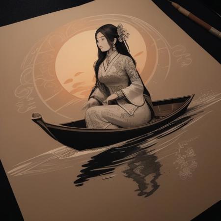 (the most beautiful woman in the universe), Special Ink-drawing mode, intricate linework with expressive contrasts, Inkplash art on rice paper, sepia, henna , Silhouette Art, magnificent, inksplash closeup portrait of Chinese woman punting, sunset, calm lake, reflection