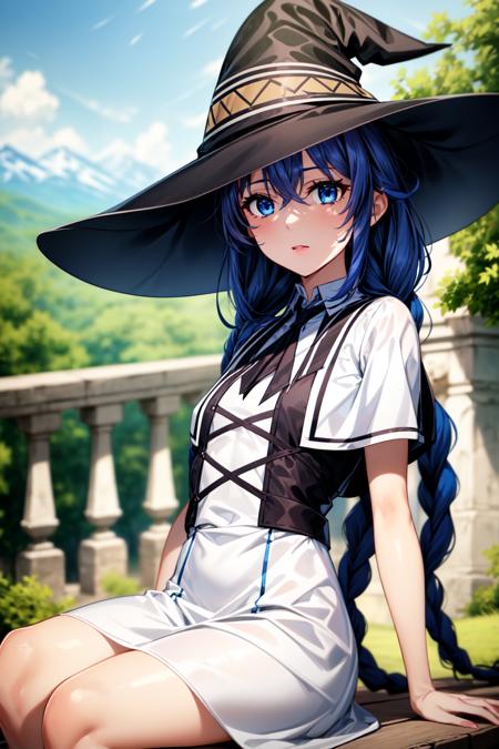 best quality, masterpiece, 1girl, (solo:1.1), raytracing, ultra detailed,detailed face, 8k wallpaper, (wide hips:0.8), <lora:more_details:0.5>, RoxyMigurdiaNDV, 1girl, blue hair, blue eyes, small breasts, long hair, hair between eyes, twin braids, capelet, white dress, witch hat, outdoor,  <lora:RoxyMigurdiaNDV:0.7>, sitting