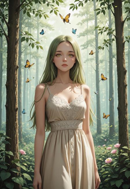 A Slavic Forest Maiden with waist-length green hair. Smooth light skin with slight golden sheen. Large almond-shaped eyes the color of young foliage. Thin arched eyebrows. Small straight nose with slight hump. Full lips the color of forest berries. Wears a simple dress of light green linen, embroidered with leaves and flowers. Stands in sunny forest among birches. Butterflies fly around.
(Slavic Forest Maiden, linen dress)
((half body view)), (((cowboy_shot)))