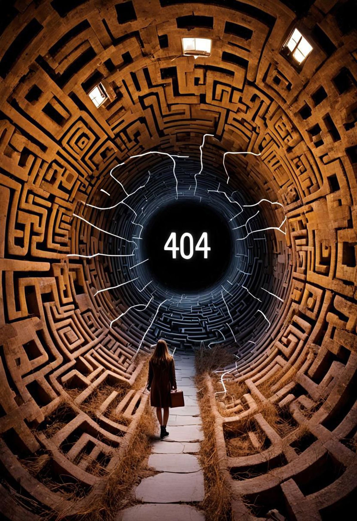 A woman is walking through a maze-like structure with the number 404 on the wall.
