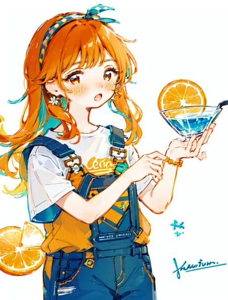 shouhui, 1boy, bangs, black hair, blue shorts, blush, bow, brown eyes, cowboy shot, cup, drink, drinking glass, drinking straw, earrings, flower, food, hair bow, holding, holding cup, ice, jewelry, lemon, lemon slice, long hair, looking at viewer, orange slice, overalls, patterned clothing, polka dot, polka dot bikini, polka dot bow, polka dot dress, polka dot legwear, polka dot ribbon, polka dot shirt, polka dot skirt, polka dot swimsuit, print skirt, shirt, short sleeves, simple background, skirt, solo, spoon, suspenders, unmoving pattern, white background, white flower, white shirt, open mouth, ribbon, hair ribbon, multicolored hair, hairband, signature, orange hair, :o, two-tone hair, orange eyes, hands up, fruit, leaf, holding food, denim, colored inner hair, multicolored eyes, ice cream, shirt tucked in, print shirt, holding spoon, orange \(fruit\), orange ribbon, orange theme, food-themed earrings<lora:shouhuiline:1>