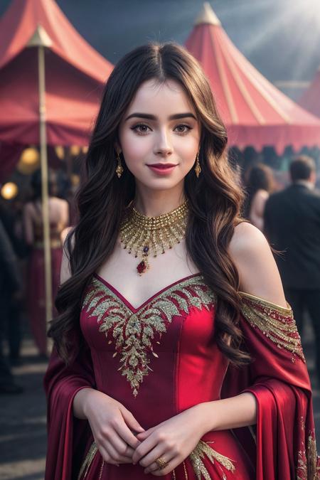 LilyC_SoloTI_v1, 
(happy,smile),
(Dressed in a striking crimson gown, embellished with intricate gold embroidery, radiating boldness and allure),
(A bustling carnival, with vibrant tents and colorful decorations, igniting a sense of excitement and wonder: 1.3),
(seductive:1.3),(analog, cinematic, film grain, hazy atmosphere, cinematic shot:1.3), 
 <lora:add_detail:0.6>,<lora:LowRa:0>, PA7_Portrait-MCU,