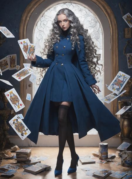 female,silver_hair,blue_eyes,long_hair,curly_hair,blue_dress,high_collar,coat,book,tarot_card,floating_objects,elegant,military_inspired,persona_series,velvet_room,formal_attire,pointed_shoes,full_body,ethereal,anime_style,