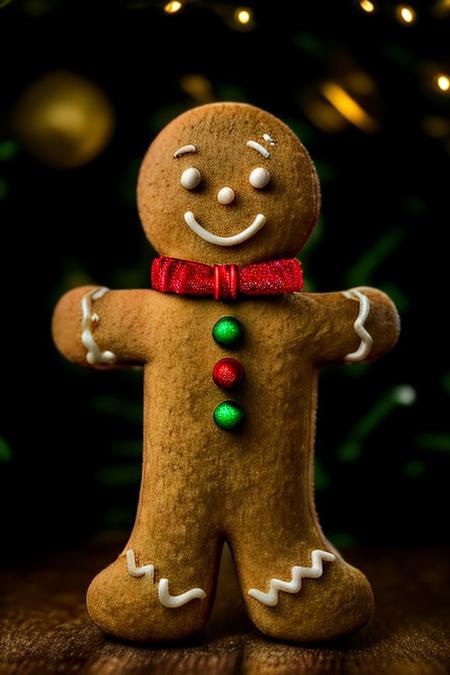 Gingerbread_Man, food, cookie, food focus, no humans, an extremely gritty detailed HD 8K photograph of a gingerbread man and woman wearing very festive cookie clothing dancing together on the table in front of a beautifully decorated pine Christmas tree, detailerlora, beautiful subtle very soft yellow, red, green and white lights