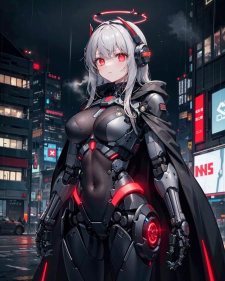 1girl,solo,large breasts, 
cyberpunk,outdoors,ruins,cityscape, red eyes, very long hair, 
<lora:T88[mecha musume, mechanical parts, robot joints,android,mechanical body,headgear]:0.6>,
mecha musume, mechanical parts, robot joints,android,mechanical body,
standing, cowboy shot, expressionless, mechanical halo, rain, headgear, steaming body,neon trim, neon lights,navel,cloak, glowing eyes,