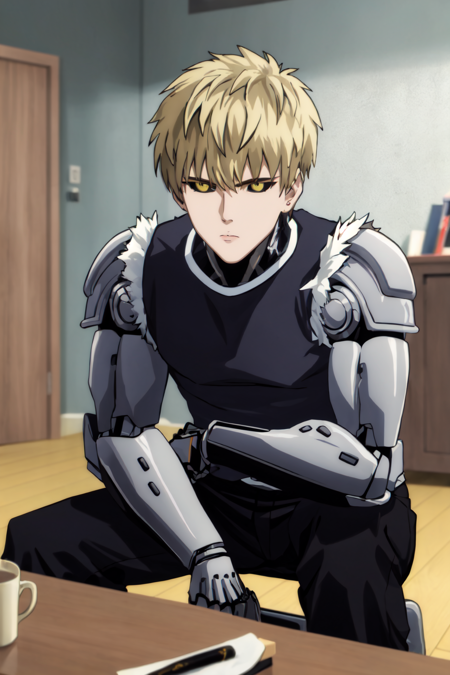 (masterpiece, best quality:1.4), colorful, high contrast, genos <lora:ironcatlora6GenosOne_v10:0.8>, blue shirt, sleeveless, black pants, mechanical arms, sitting, indoors