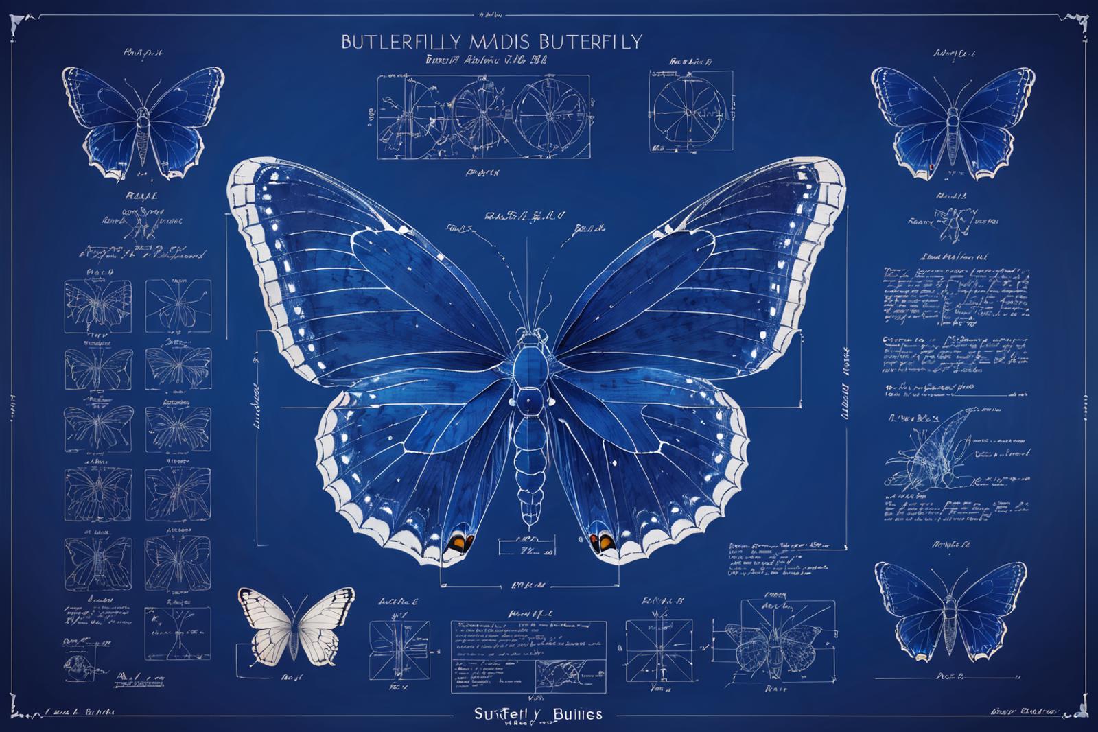 Blue butterfly with white wings and intricate details on blue background, with a butterfly diagram underneath.