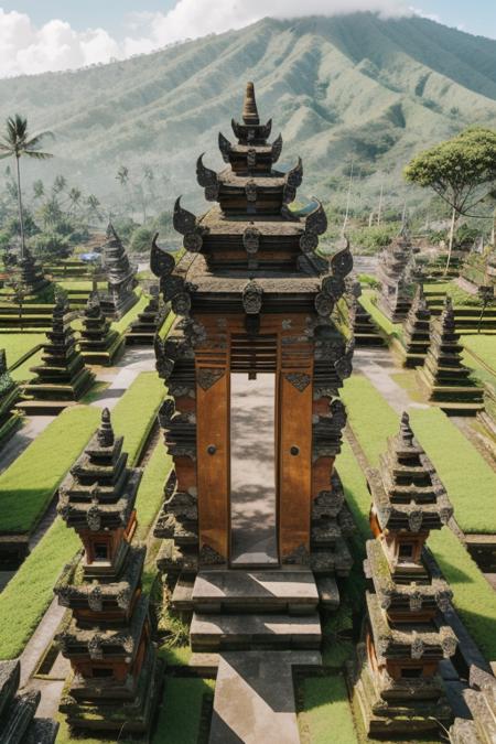 landscape, baligapura, from above, detailed, ornament, bali, tree, grass, flower, <lora:ARWBaliGapura:1>