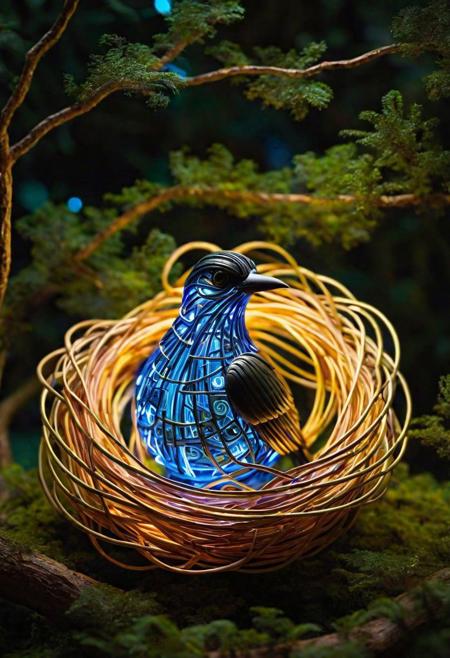 Stunningly detailed digital art, showcasing an exceptional composition! A nest crafted from intertwining wires and circuits, glowing with an electronic aura, sits atop a virtual forest made of digital trees. Within this nest, a bird intricately assembled from semiconductor chips and electronic components, guards her clutch of pixelated eggs. The digital forest is illuminated by the surreal glow of a binary sunset, casting dynamic shadows and lights across the circuitry and silicon. This scene merges the tangible world of technology with the abstract digital realm, creating an atmosphere of futuristic tranquility and cybernetic wonder. The bird and her electronic nest are depicted with hyperrealistic precision, each wire, chip, and pixel glowing with an inner neon light, akin to a motherboard's intricate pathways. The artwork resonates with an ethereal effect, seamlessly blending the cybernetic bird and her nest with the surrounding digital landscape, as if they are an organic part of this virtual environment. The colors are vivid and electric, contributing to the intense and infinite essence of this digital world.