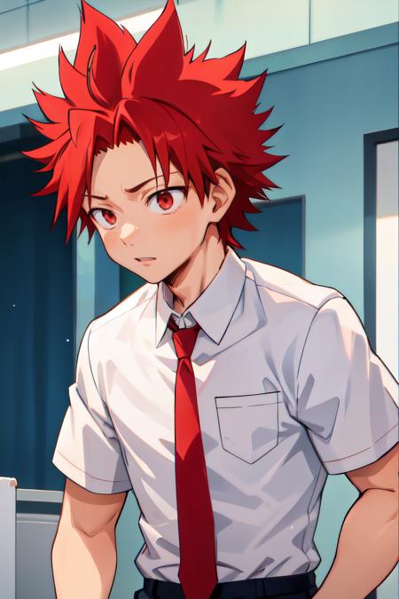 <lora:kirishima_off:1> kirishima,11boy,solo, upper body, red hair, spiked hair,short hair, white shirt, red necktie