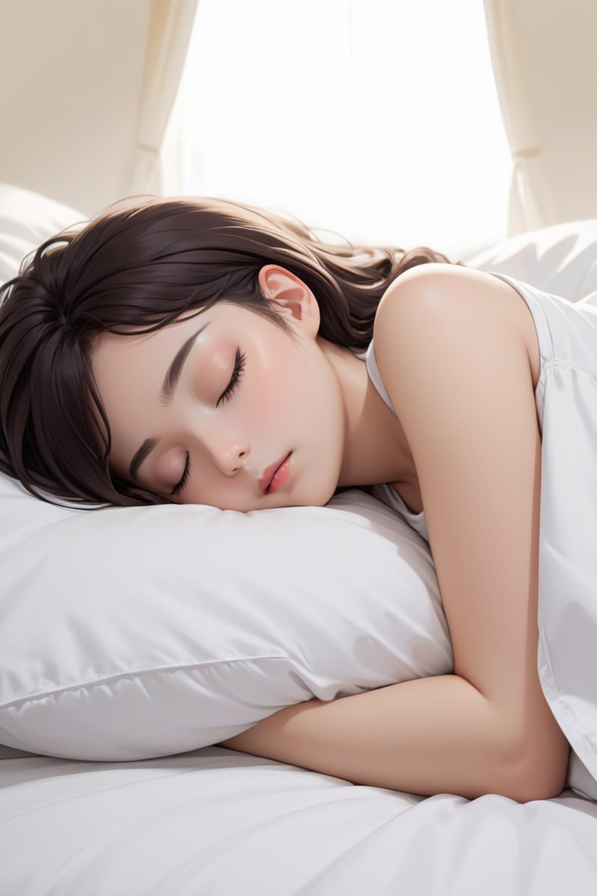 Girl Sleeping on White Pillow with Closed Eyes