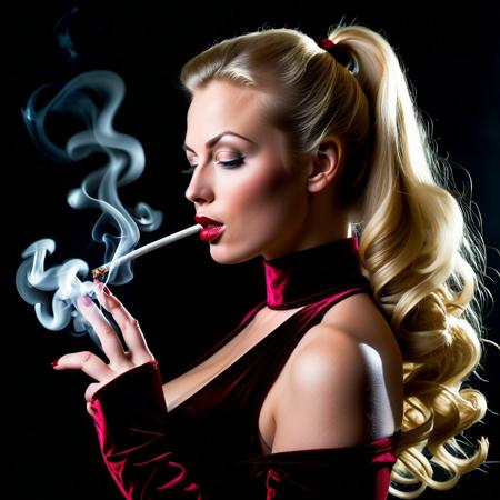 A close up portrait of an extraordinarily beautiful blonde woman with very long curly hair, pulled back into a strict ponytail, with her hair blowing in the wind. She has big a voluptuous breasts.  She is blowing out smoke and holding a long cigarette hilder in a gloved hand. The background is dark red velvet curtain.