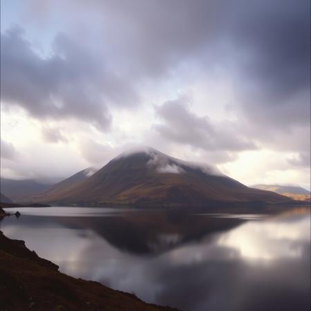utterly breathtaking color giclee print of a Large Format (color) film photograph of Snowdonia National Park, cloudy day, dramatic contrast, hard shadows, (volumetric lighting), (lake reflection), (fog), shot on a Industar Projector Lens, high contrast, film grain