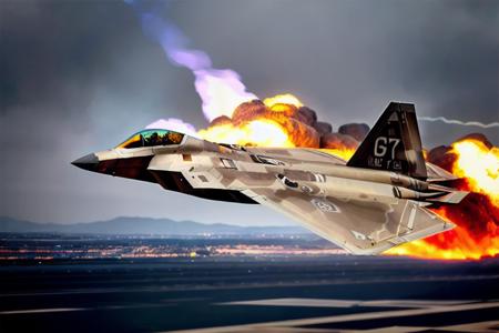 analog gloomy aerial photo of a (F-22Raptor plane, <lora:r4pt0r:1>), ((nighttime)), (flying low through a city on fire), (explosions in the background), (tracer gunfire),  High Detail, Sharp focus, (photorealism), realistic, best quality, 8k, award winning, dramatic lighting, epic, cinematic, masterpiece, rim light, (action movie), war,  depth of field, dutch angle, motion blur,