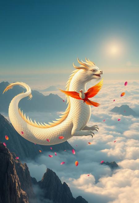 A relaxing bright scene, With the grace of a timeless legend, a white-scale dragon winds its way through the vast expanse of ancient mountains, its shimmering golden horns and flowing mane catching the light of the soft sun. , a cute phoenix flying around the dragon, peacefully enjoying. Vibrant petals falling around it, with a ocean of clouds in the background. The atmosphere is serene yet adventurous, with soft lighting and high contrast that bring the whimsical, above clouds world to life. Intricate textures and subtle light add to the heavenly, immersive feel. 3d render, cgi, unreal engine 5, 8k ultra hd.