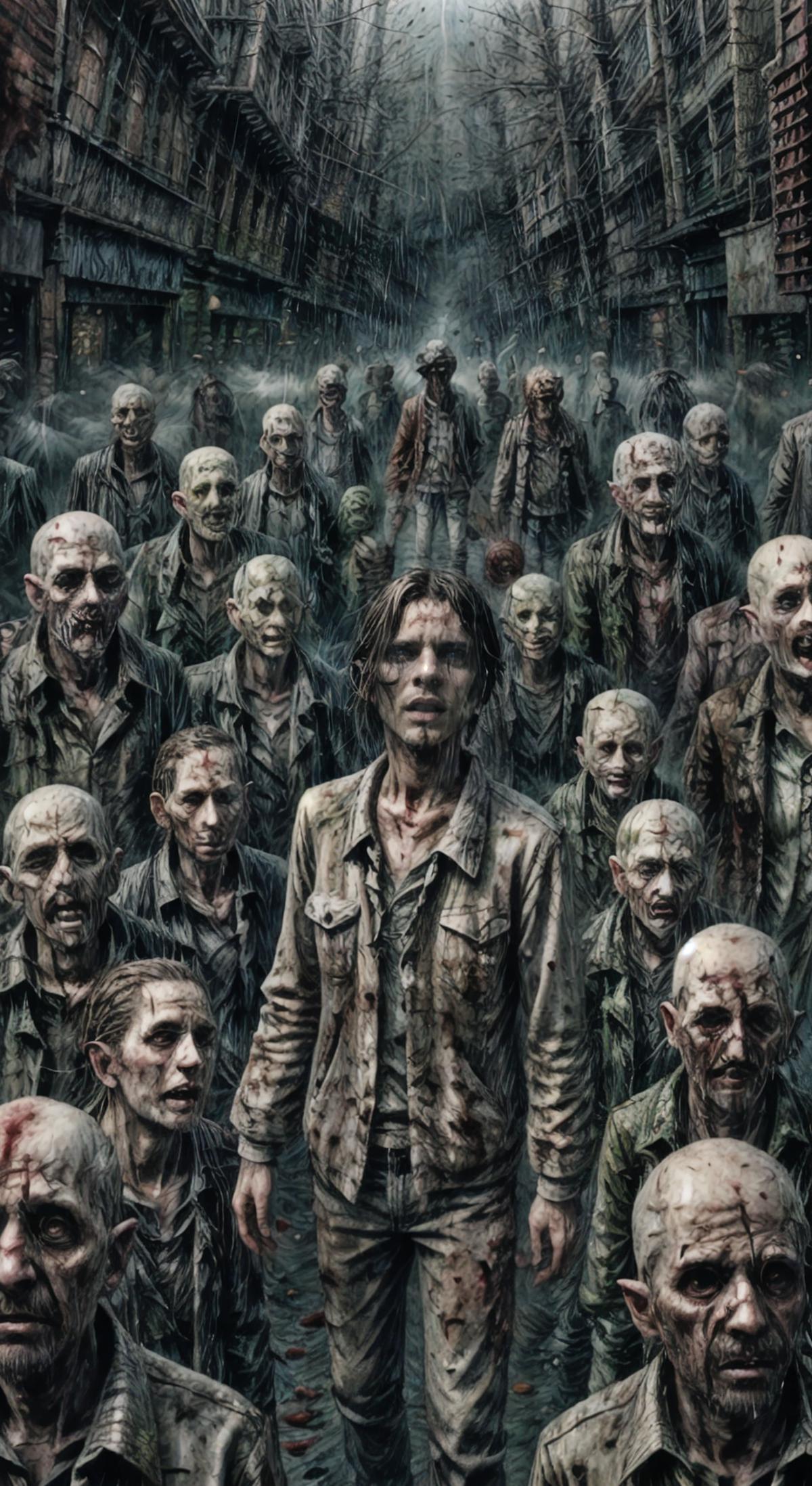 A large group of zombies with one person standing out among them.