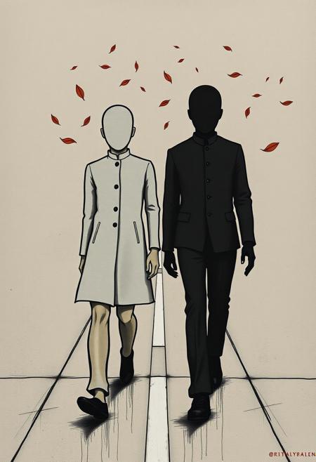 Two faceless figures walking along parallel lines, urban symbols drifting between them like leaves
hyperrealistic graffiti, modernist minimalism, contemplative figures, urban surrealism, bold composition, muted color palette with graphic accents, stylized realism, narrative symbolism, soft textures contrasted with street art edge, emotional stillness, layered spatial design, fine lines with architectural structure