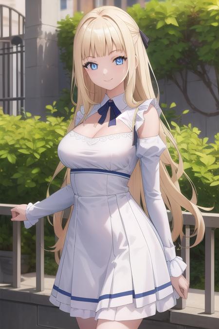 Camille Blanche very long hair,wavy blond hair,blunt bangs,blue eyes white dress,frilled dress,long sleeves,puffy detached sleeves,large breasts,skindentation,high heels