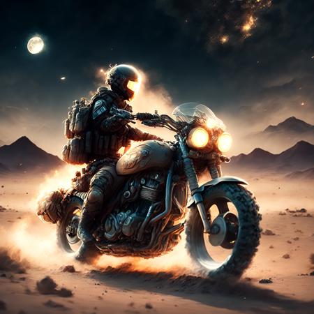 anime, a soldier on a motorcycle in the desert at night (armybiker style:1)  <lora:djzArmyBiker:0.8>