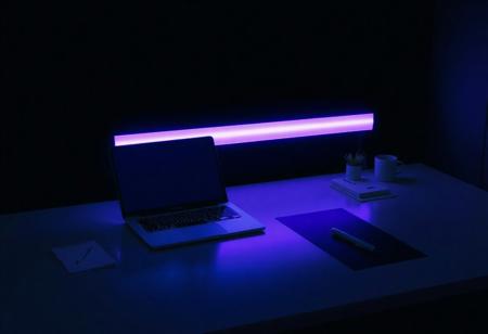 Minimalist cyberpunk workspace: a clean desk with a sleek laptop glowing softly with neon blue light, a single LED strip casting subtle purple hues, sparse notes neatly arranged, dark background, futuristic yet simple.