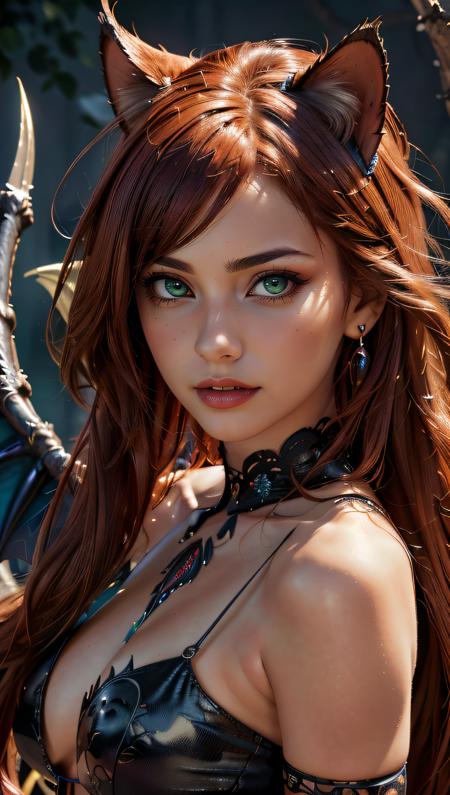 (best quality, masterpiece, colorful, dynamic angle, highest detailed)upper body photo, fashion photography of cute succubus girl, gothic, large demon red wings (high resolution textures), long green hair, (abstract art), half demon, crimson cat iris, cat eyes, vampire very long fangs, (intricate details, hyperdetailed:1.15), detailed, moonlight passing through hair, (official art, extreme detailed, highest detailed),