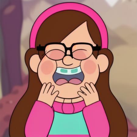 <lora:mabel-pines:1> mabel-pines, 1girl, solo, long_hair, blush, smile, open_mouth, brown_hair, closed_eyes, upper_body, hairband, glasses, teeth, sweater