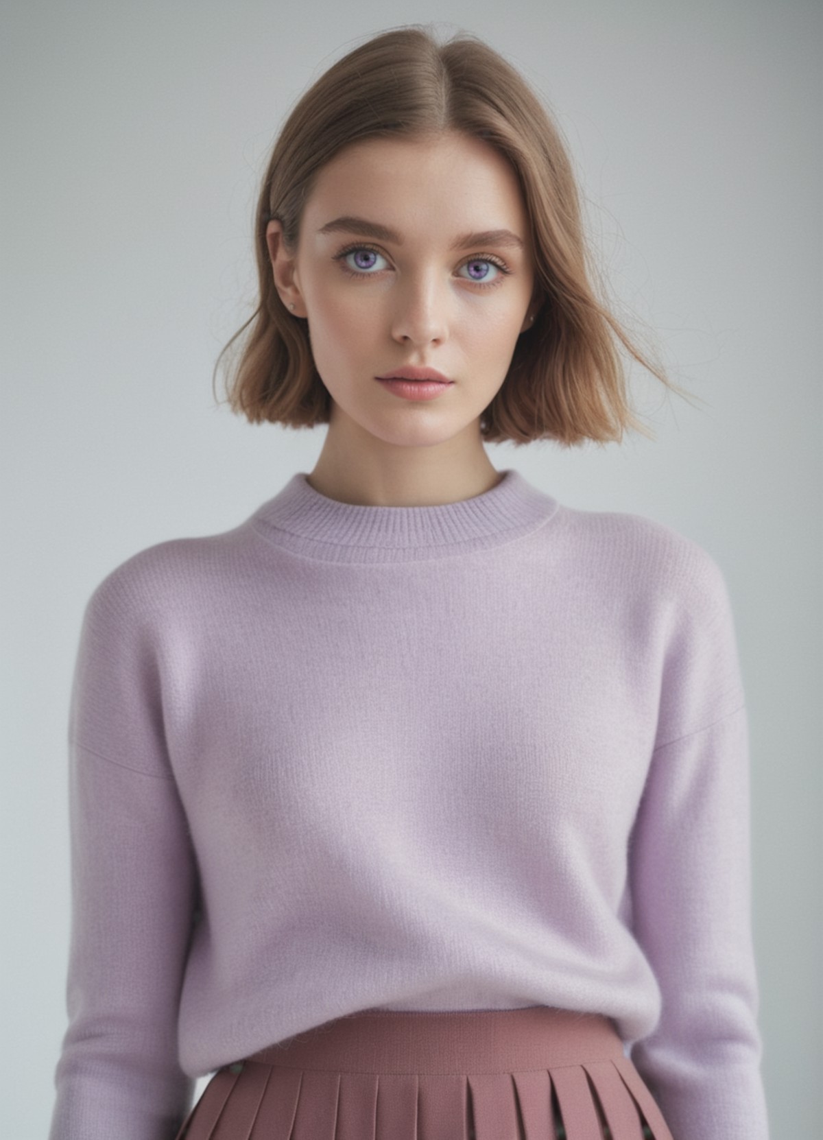 high quality fashion editorial, wearing a set of a sweater and a skirt, soft merino knit material in light purple, looking...