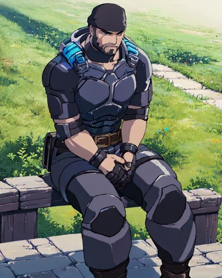 (best quality, masterpiece) marcus_fenix, black bandana, sitting on fence <lora:Marcus_Fenix-15:0.67> <lora:ghibli_style_offset:1>