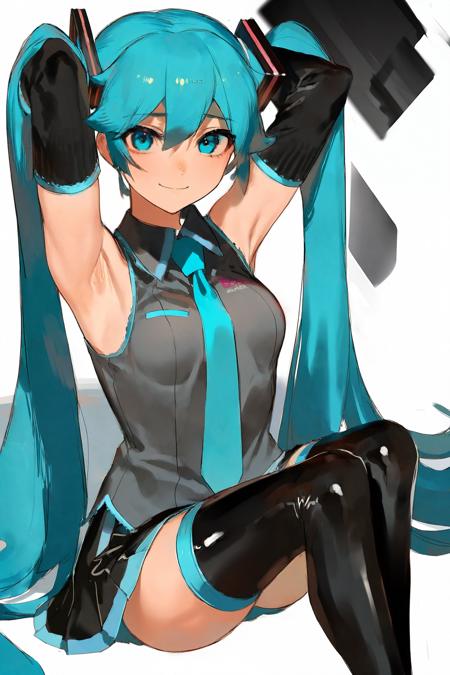 beautiful color, best quality, artist: zumizumi, style: pseudo impasto, character: hatsune miku, 1girl, solo, white background, simple background, sitting, looking at viewer, smile, closed mouth, hand in own hair, medium breasts, thigh boots, black skirt, grey shirt, sleeveless shirt, collared shirt, pleated skirt, black thighhighs, black footwear, detached sleeves, aqua necktie, black sleeves, bare shoulders, :3, arm support, zettai ryouiki, arm up