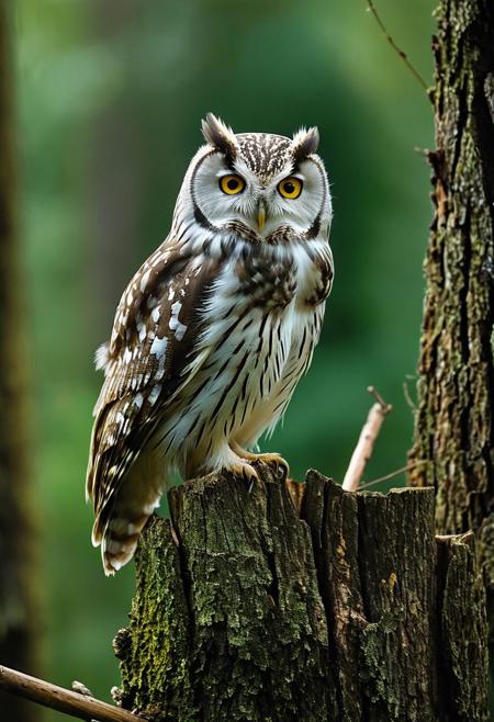 a detailed image of a small owl perched on a tree stump against a dark, blurred background. The owl should have large, bright yellow eyes with black pupils, a sharp beak, and brown and white feathers with a few white spots. The bird's posture is upright and alert, with its head slightly tilted, giving it an inquisitive look. The tree stump should have rough, textured bark, and the background should be dark green, providing a natural and subtle contrast to highlight the owl. The overall atmosphere should be calm and focused on the owl's striking features.
