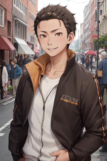 highres, sharp focus, pixiv masterpiece, ((intricate details)), highly detailed, natsuki_subaru, upper body, standing, 1boy, brown eyes, jacket, black hair, smile, track jacket, hair slicked back, <lora:Natsuki_Subaru_v1_1:0.8>,