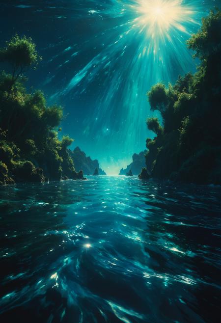 A resonant soundscape in visual form, echo a planet or ocean, highlight swirling water, vibrant greenery, deepsea mystery, blend with atmospheric detail soft hum of cosmic rays, starlight at the vast universe, culminate with an impressionist nod, in the style of Claude Monet., Film grain, cinematic film still, highly detailed, highly contrasted, dynamic pose, high budget, sharp focus, cinemascope, gorgeous, 2000s vintage RAW photo, photorealistic, color graded cinematic, natural, extreme quality