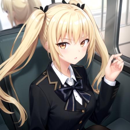 ((masterpiece)),(best quality),official art,extremely detailed CG,unity 8k wallpaper,ultra detailed,train interior,1girl,solo,upper body,(portrait:1.2),looking at viewer,long hair,blonde hair,twintails,bangs,sidelocks,orange eyes,school uniform,buttons,black jacket,long sleeves,black bowtie,black bow,white shirt,collared shirt,dress shirt,large breasts,pleated skirt,black skirt,miniskirt,zettai ryouiki,thighhighs,loafers,<lora:Momozono Reika(cur)>,