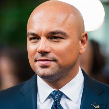 RAW photo, l30n4rd0 man, close-up, bald, suit<lora:l30n4rd0-2nd-000015:0.9>, 8k uhd, dslr, soft lighting, high quality, film grain, Fujifilm XT3