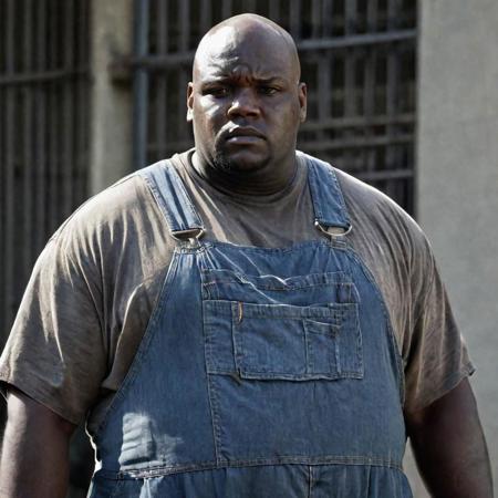 A huge black man, nearly 7 feet tall and 300 pounds, his massive head shiny and bald, his skin a tapestry of old scars, his prison overalls ending at mid-calf. He looks dull and confused, as if wondering where he is and how he got there.
