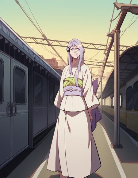 <lora:sode-no-shirayuki-anime-ponyxl-lora-nochekaiser:1>, sode no shirayuki, long hair, blue eyes, hair ornament, purple hair, flower, hair flower, light purple hair, japanese clothes, kimono, sash, obi,