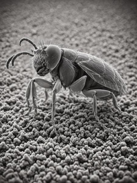 <lora:ElectronStyleXL:1.0>El3ctr0nStyle photo of a dead flea, greyscale, on a carpet, bokeh