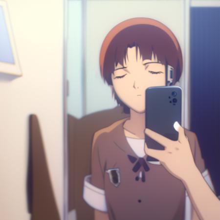 turn man into anime girl holding a phone mirror selfie <lora:lain anime style-000001:1> lain anime style