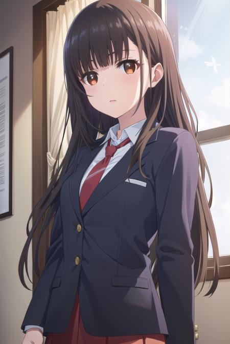 yumeirido, <lora:yume irido s1-lora-nochekaiser:1>,
yume irido, long hair, bangs, (black hair:1.5), hair ornament, (brown eyes:1.5), hairclip,
BREAK shirt, school uniform, jacket, white shirt, necktie, collared shirt, blazer, red necktie, red skirt, skirt,
BREAK indoors, classroom,
BREAK looking at viewer, (cowboy shot:1.5),
BREAK <lyco:GoodHands-beta2:1>, (masterpiece:1.2), best quality, high resolution, unity 8k wallpaper, (illustration:0.8), (beautiful detailed eyes:1.6), extremely detailed face, perfect lighting, extremely detailed CG, (perfect hands, perfect anatomy),