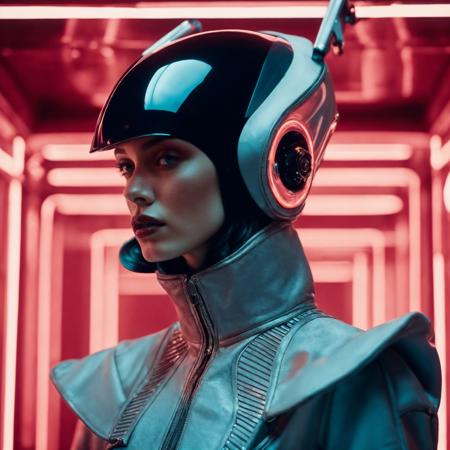a woman in a futuristic suit with a helmet on her head and a sci - fi, Android Jones, sci fi, cyberpunk art, retrofuturism,  high quality, film grain <lora:polyhedron_skinny_all:1> <lora:more_details:0.4>
