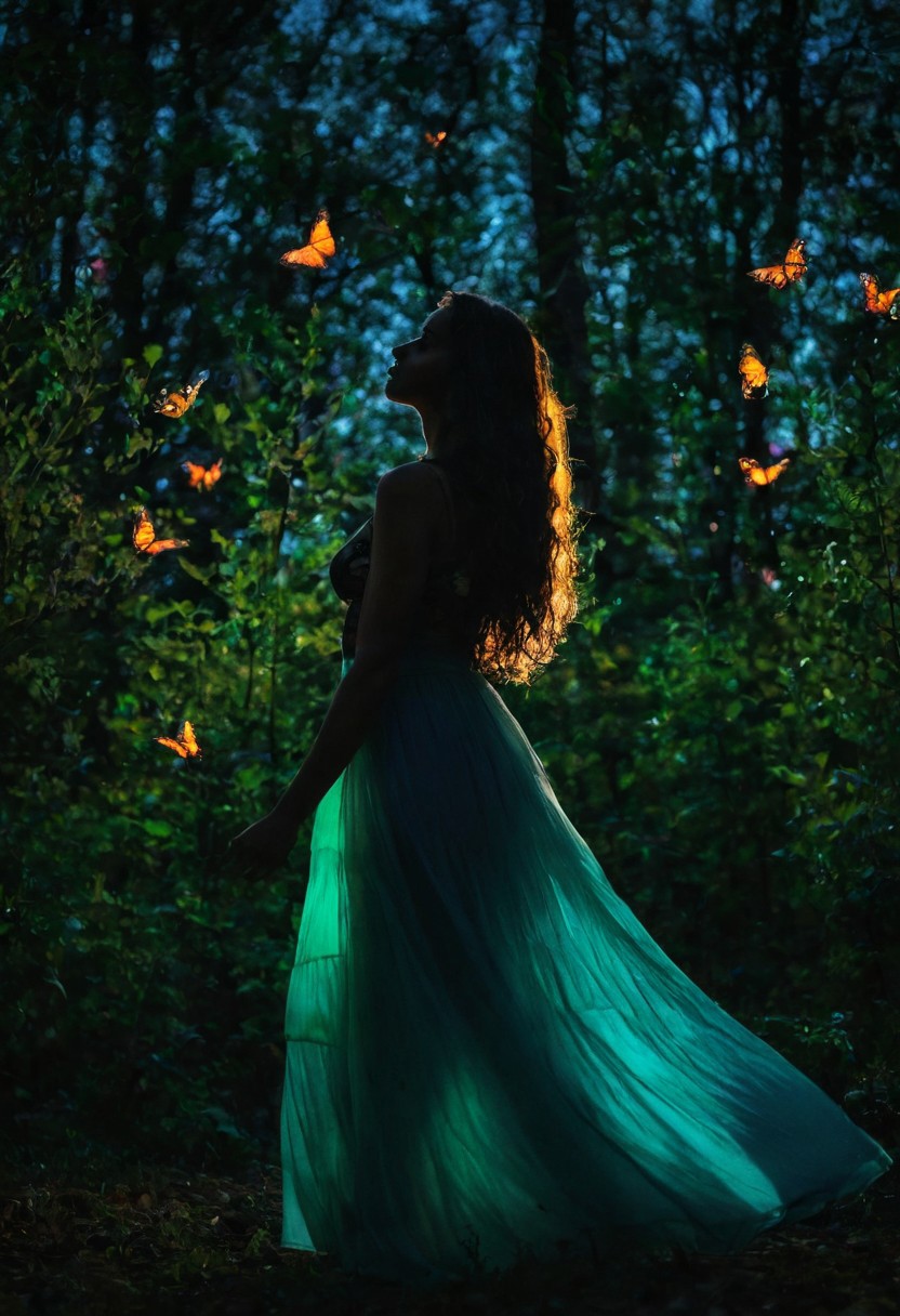 masterpiece, high quality, RAW, photograph taken with Nikon Z9, 1girl, centered, side view, black silhouette of a girl, (long flowy hair), flowy skirt, green forest background, ((dynamic pose)), ((flowers)), ((glowing butterflies)), night time, dark theme, starry sky, glowing hair, cinematic, vivid colors, ((saturated neon colors)), perfect hands, aesthetic, Perfect Hands, aurora borealis