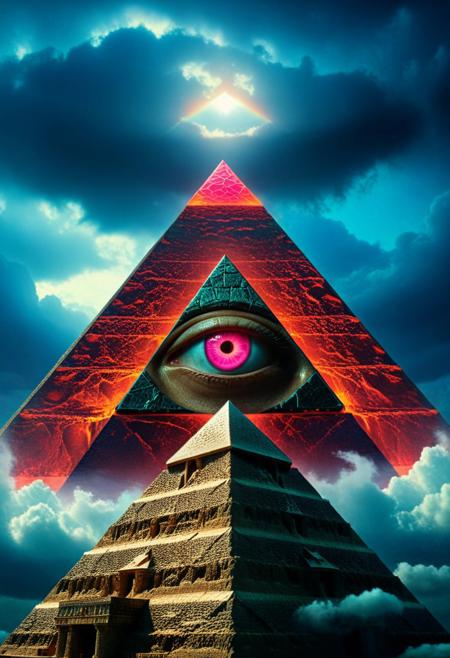 mountain, surreal, dark and moody , bright colored all seeing eye pyramid made of rp_slgd, film grain, high quality, dramatic ,poster, horror story style,  (clouds at the base of the pyramid)