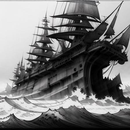 Image in ukj style, ship at sea black and grey with waves crashing