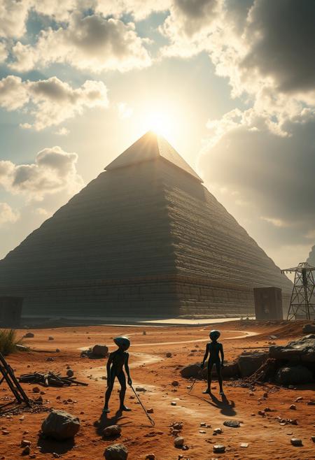 (photorealistic, realistic, masterpiece, best quality, amazing quality, very aesthetic, absurd res, scenery, glossy image, shiny image, dramatic lighting, volumetric lighting, dramatic shadows). 
Aliens are building an Egyptian pyramid.