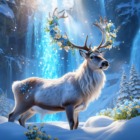 In a serene blue heaven, a majestic reindeer stands gracefully, Its skin is adorned with delicate flowers, blending harmoniously with its natural fur, Blooms of various colors and types also decorate its antlers, creating a stunning, floral crown, The bright atmosphere around the reindeer is filled with soft, radiant light, enhancing the ethereal beauty of the scene, The sky is a tranquil shade of blue, adding to the peaceful and heavenly ambiance, The reindeer exudes a sense of calm and wonder, perfectly at home in this enchanted, floral paradise, Surrounding the reindeer is a fantastical world with floating islands, cascading waterfalls that sparkle like diamonds, and vibrant, mystical plants that glow softly, This magical realm is filled with an aura of tranquility and wonder, making it an idyllic fantasy world