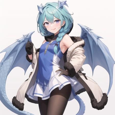 (masterpiece, best quality:1.2),illustration,8k,hd,1girl,solo,cowboy shot,shefi (princess connect!),fur trim,tail,dragon tail,horns,purple eyes,dragon girl,dragon horns,wings,gloves,pantyhose,white dress,dress,looking at viewer,dragon wings,coat,braid,blue hair,black gloves,hooded coat,boots,hood down,smile,ice,long hair,bangs,sleeveless,single braid,fur-trimmed coat,open coat,blue wings,fur-trimmed hood,hood,bare shoulders,black pantyhose,hair over shoulder,fur-trimmed boots,<lora:Shefi(pri)>,