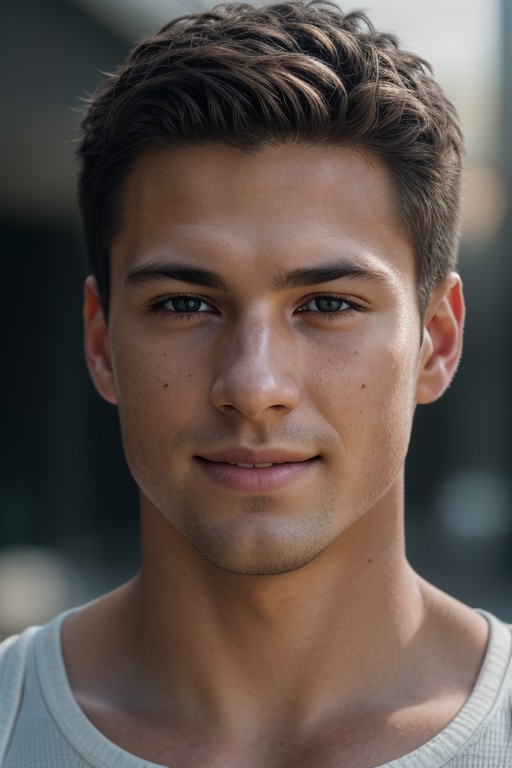 full portrait of young American man, smiling, skin pores, dramatic lighting, ambient occlusion, high level of detail, intr...