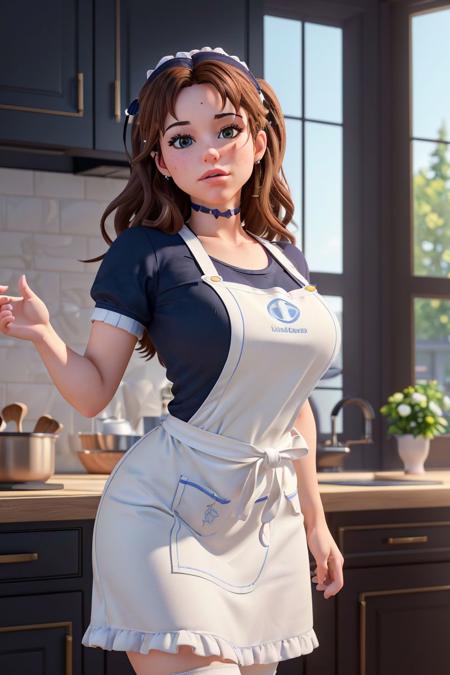 a photo of a beautiful S065_SierraCabot, in a (kitchen:1.2), wearing a (apron:1.1), (8k, RAW photo, best quality, ultra high res, depth of field:1.2), (absurdres, intricate, photorealistic, masterpiece, ultra-detailed, Unreal Engine:1.3)