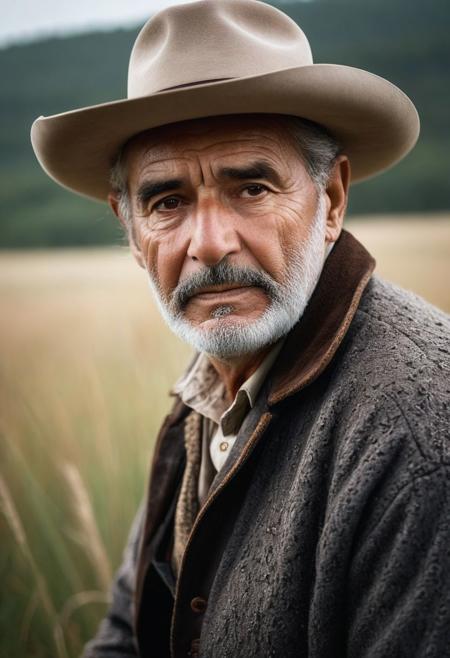 RAW photo, editorial photograph, wide view cinematic shot, a 80 years old American Cowboy posing on the prairie next to his Appaloosa horse, traditional clothing, quiet strength, imperfections, multiple textures, irregular shapes, authentic, character, embracing imperfection , soft lighting, high resolution,  HDR, (detailed textures:1.5), natural colors, Clouded in and around with gray Smoke and Fog intricate face, gray Stringy hair, brown eyes, Aquiline nose with a dorsal hump, great detail, intricately detailed, moor, grass, sage, stones, vintage aesthetic, hyper detailed, hyper realism , high definition, high resolution, bold colors, deep colors, contrasting colors, multiple  objects:1.5), (style of Paul Fusco, Mathew Brady, David Burnett,Edward S. Curtis:1.5),(low contrast:1.4) flash-photography, (flim grain:1.6), dark atmosphere, focused on expression, manly expression, photography, 35mm, Nikon D850 film stock photograph, Kodak Portra 400 camera f1.6 lens, 8k, UHD, easynegative, negative_hand, perfecteyes, brown eyes